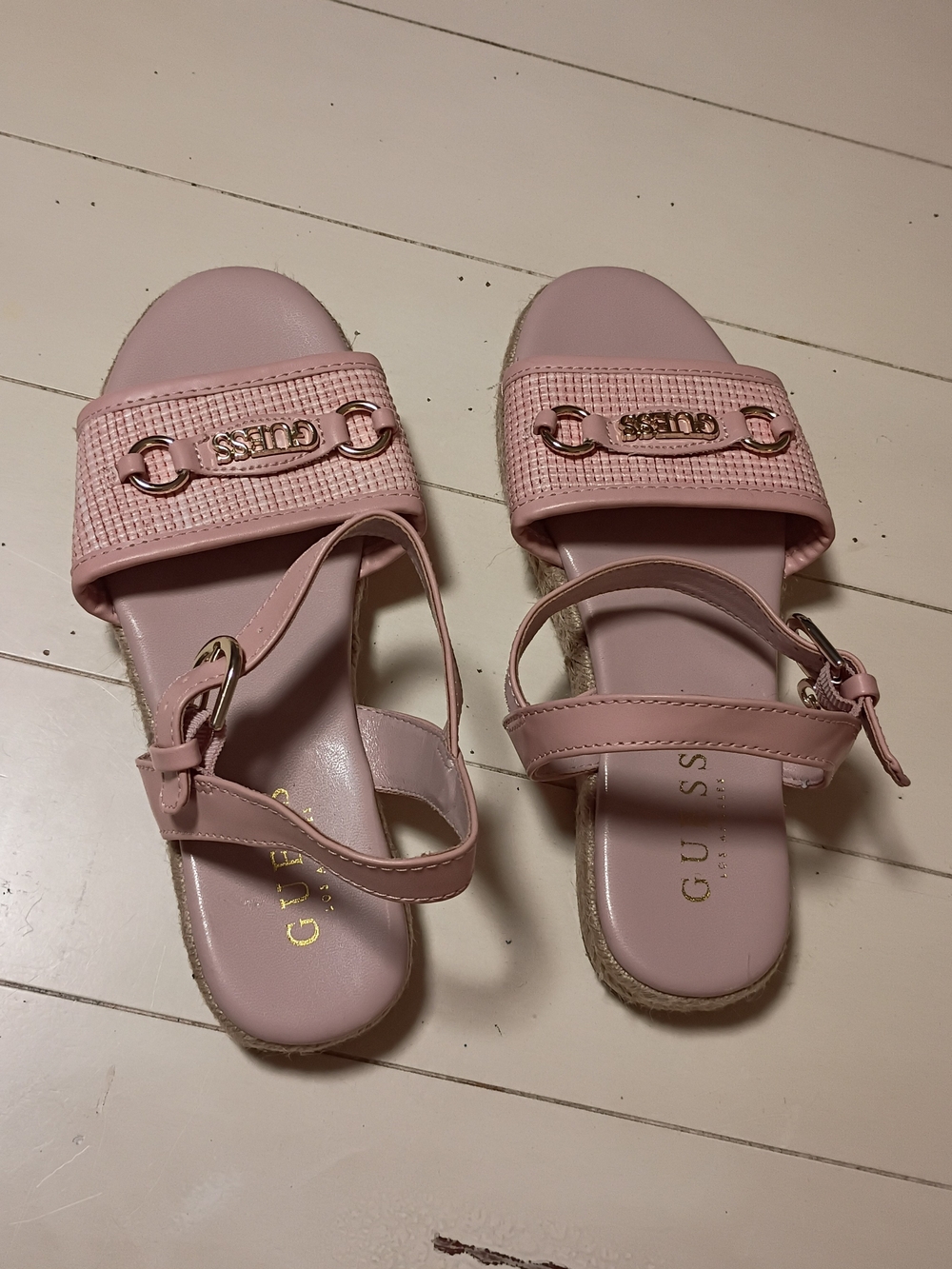 Guess Pink Espadrille Braided Sole Sandals with Gold Hardware And Ankle Strap